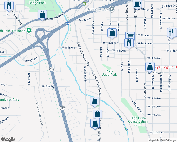 map of restaurants, bars, coffee shops, grocery stores, and more near 1329 South Chestnut Street in Spokane