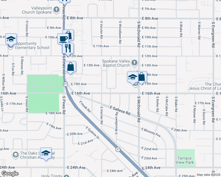 map of restaurants, bars, coffee shops, grocery stores, and more near 1506 South Woodlawn Road in Spokane Valley