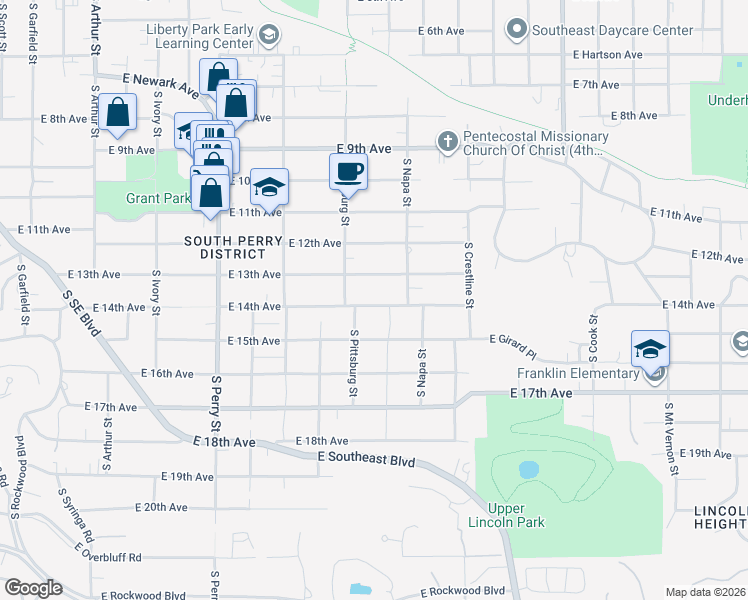 map of restaurants, bars, coffee shops, grocery stores, and more near 1815 East 14th Avenue in Spokane