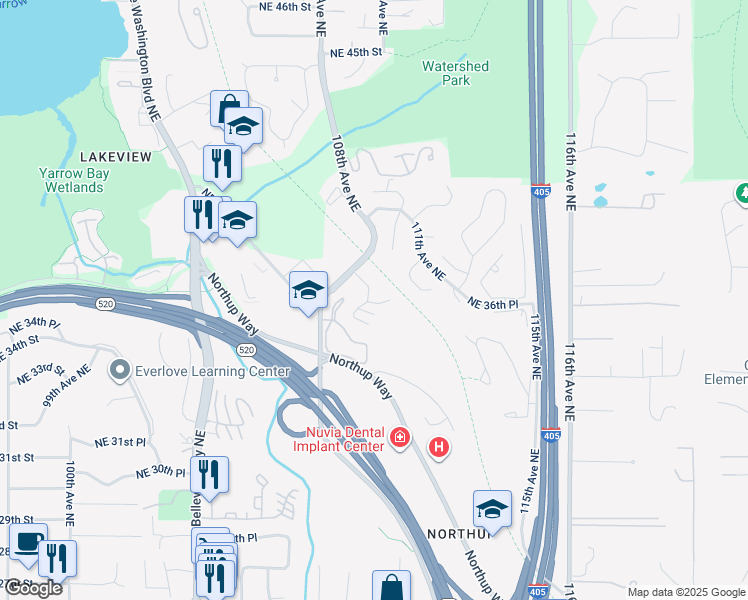 map of restaurants, bars, coffee shops, grocery stores, and more near 10819 Northeast 37th Place in Bellevue