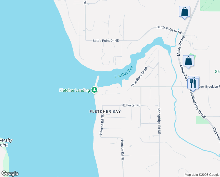 map of restaurants, bars, coffee shops, grocery stores, and more near 5416 Northeast Fletcher Landing in Bainbridge Island