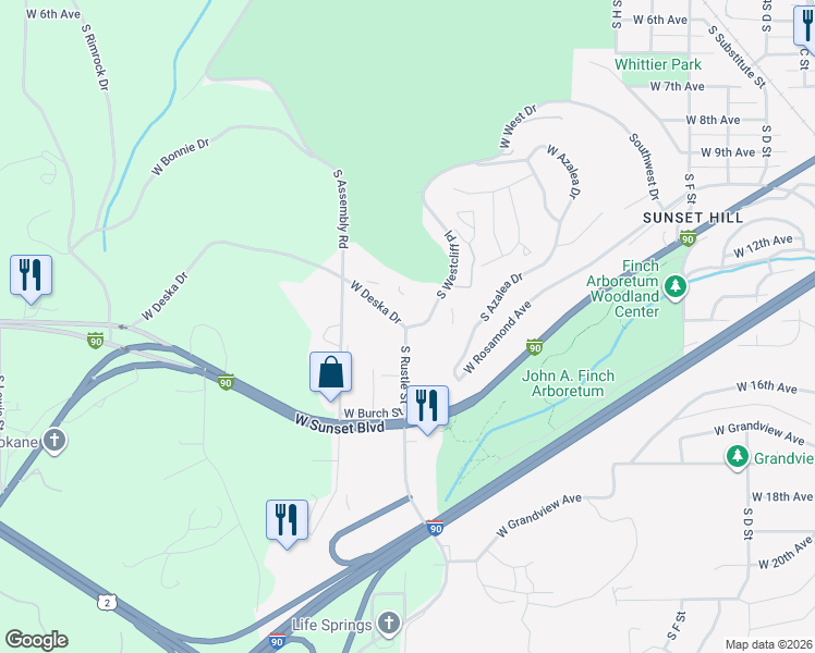map of restaurants, bars, coffee shops, grocery stores, and more near 1314 South Westcliff Place in Spokane