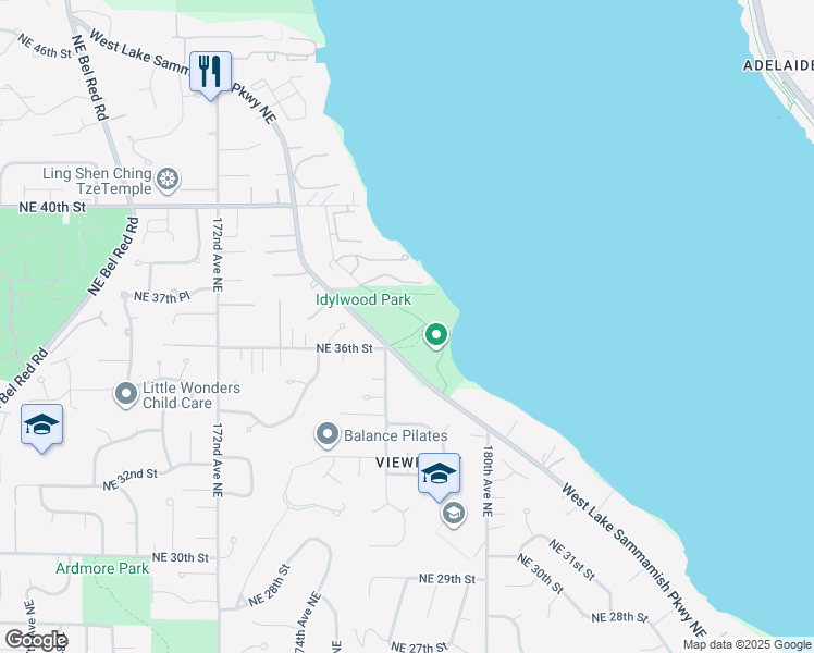 map of restaurants, bars, coffee shops, grocery stores, and more near 3650 West Lake Sammamish Parkway Northeast in Redmond