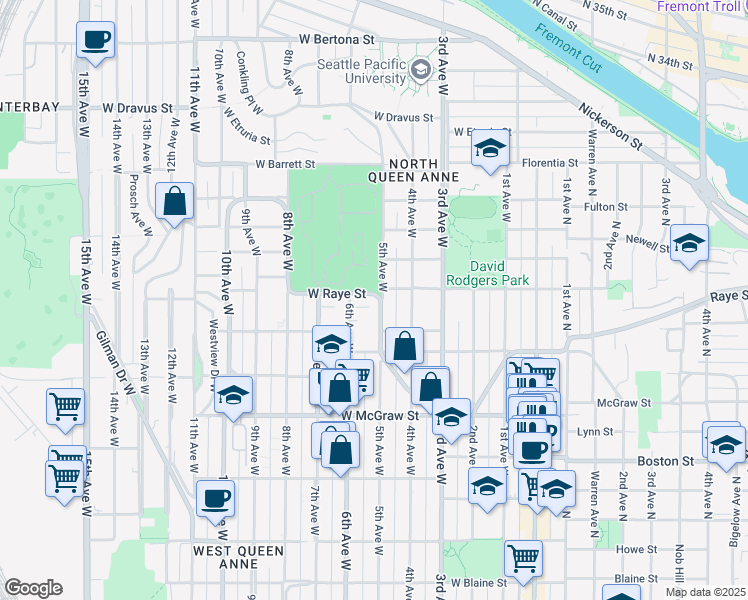 map of restaurants, bars, coffee shops, grocery stores, and more near 2581 5th Avenue West in Seattle