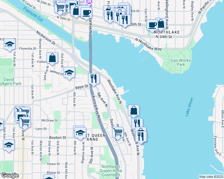 map of restaurants, bars, coffee shops, grocery stores, and more near 2533 Westlake Avenue North in Seattle