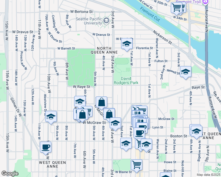 map of restaurants, bars, coffee shops, grocery stores, and more near 301 West Raye Street in Seattle