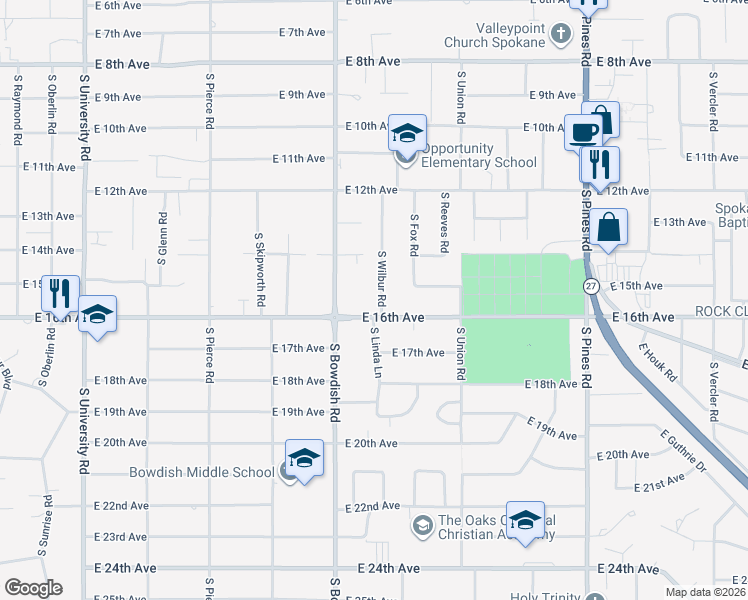 map of restaurants, bars, coffee shops, grocery stores, and more near 1510 South Wilbur Road in Spokane Valley