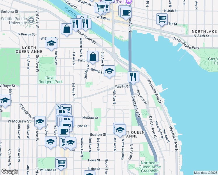 map of restaurants, bars, coffee shops, grocery stores, and more near 350 Queen Anne Drive in Seattle