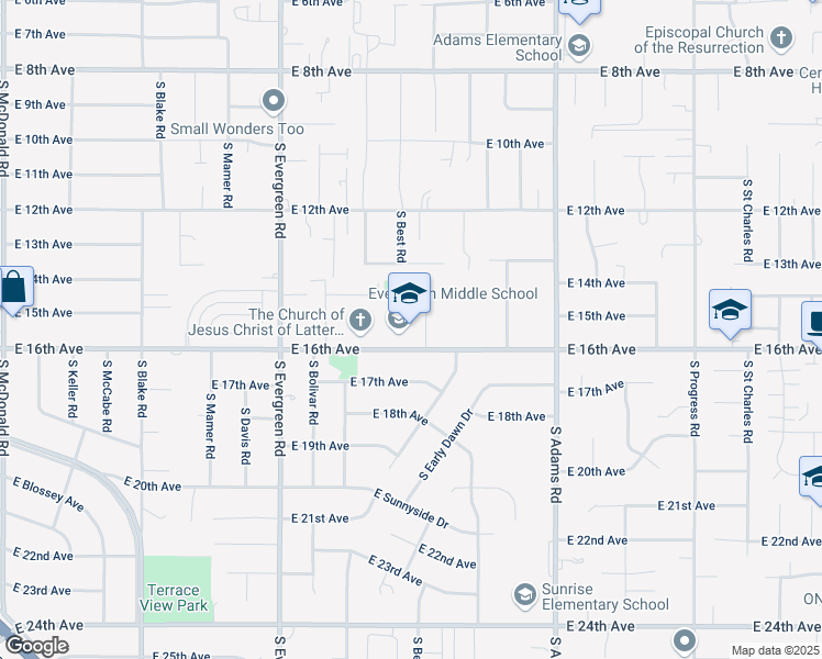 map of restaurants, bars, coffee shops, grocery stores, and more near 14221 East 16th Avenue in Spokane Valley