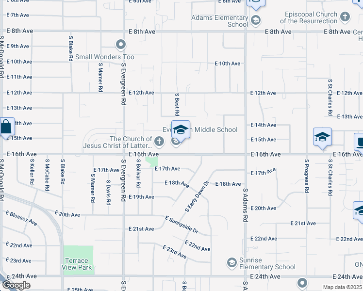 map of restaurants, bars, coffee shops, grocery stores, and more near 14221 East 16th Avenue in Spokane Valley