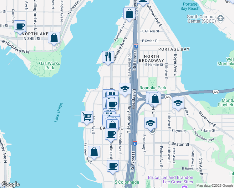 map of restaurants, bars, coffee shops, grocery stores, and more near 2501 Franklin Avenue East in Seattle
