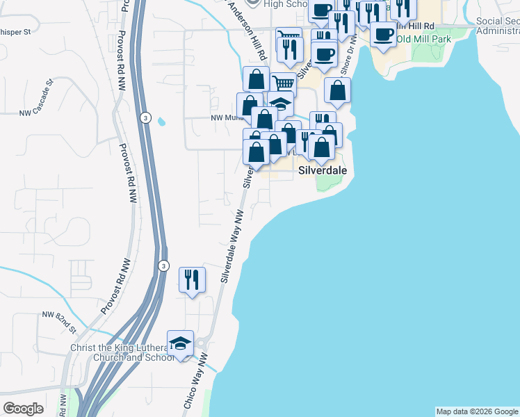map of restaurants, bars, coffee shops, grocery stores, and more near 8756 Shore Place Northwest in Silverdale