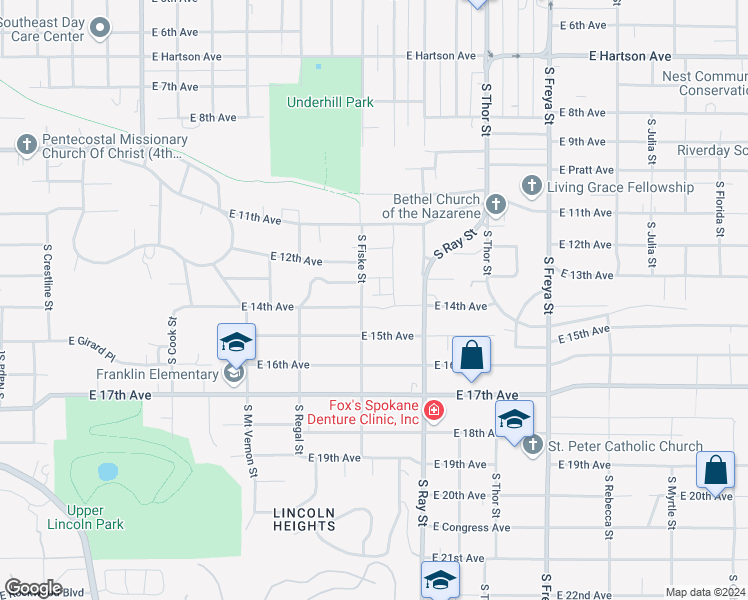 map of restaurants, bars, coffee shops, grocery stores, and more near 3109 East 14th Avenue in Spokane