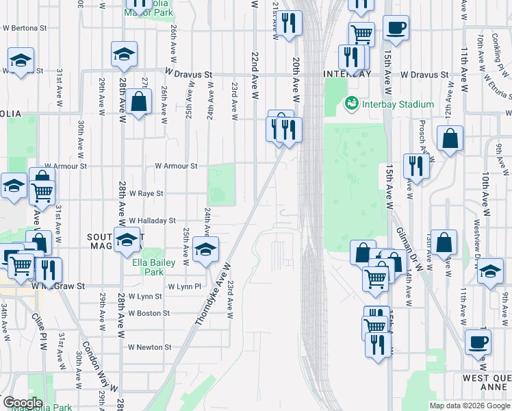 map of restaurants, bars, coffee shops, grocery stores, and more near Thorndyke Avenue West in Seattle