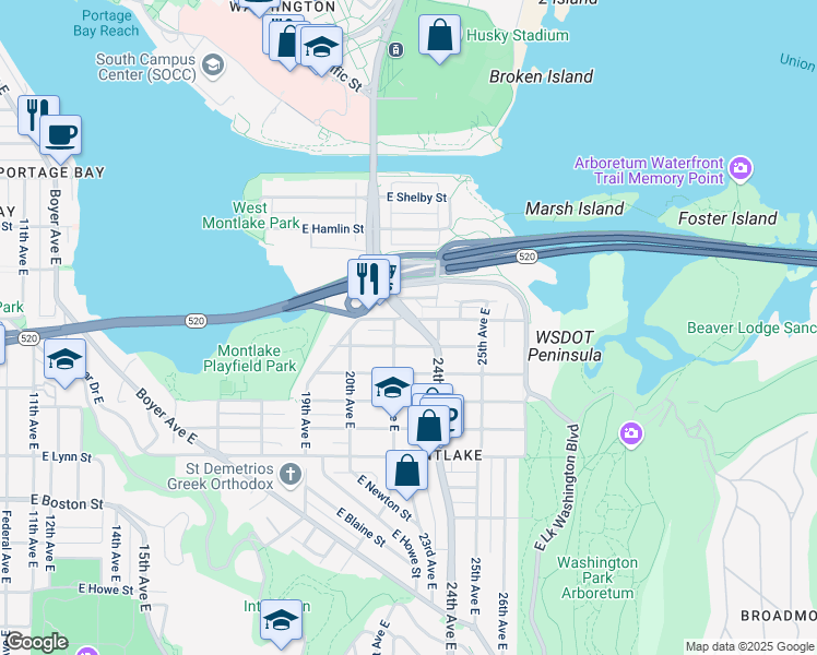 map of restaurants, bars, coffee shops, grocery stores, and more near 2251 East Roanoke Street in Seattle