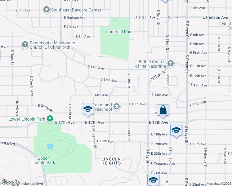 map of restaurants, bars, coffee shops, grocery stores, and more near 2921 E 14th Ave in Spokane