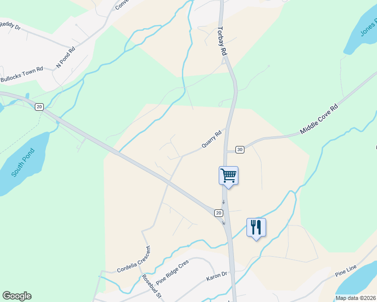 map of restaurants, bars, coffee shops, grocery stores, and more near 34 Quarry Road in Spaniard's Bay