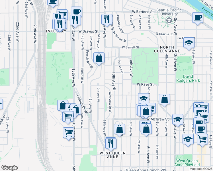 map of restaurants, bars, coffee shops, grocery stores, and more near 2580 11th Avenue West in Seattle