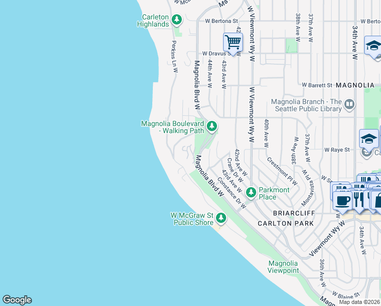 map of restaurants, bars, coffee shops, grocery stores, and more near 2587 Magnolia Boulevard West in Seattle