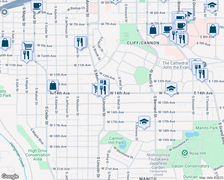 map of restaurants, bars, coffee shops, grocery stores, and more near 728 West 14th Avenue in Spokane