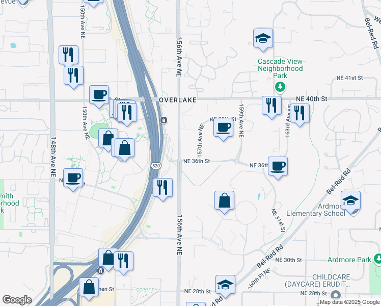 map of restaurants, bars, coffee shops, grocery stores, and more near 15660 Northeast 36th Street in Redmond