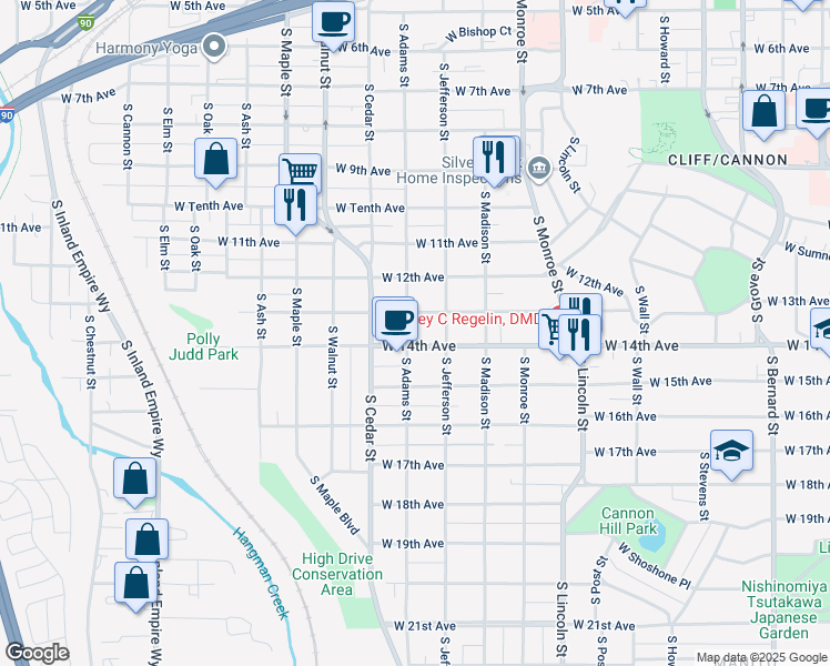 map of restaurants, bars, coffee shops, grocery stores, and more near 1317 South Adams Street in Spokane