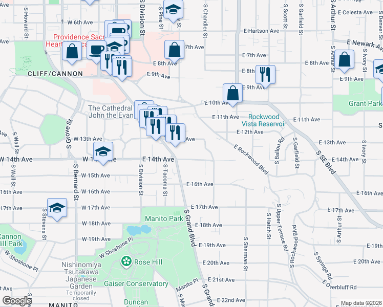 map of restaurants, bars, coffee shops, grocery stores, and more near 309 East 14th Avenue in Spokane