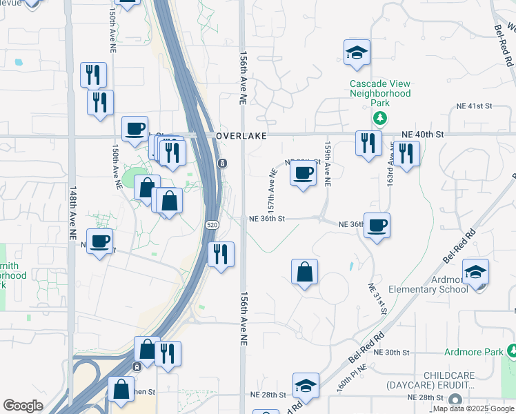 map of restaurants, bars, coffee shops, grocery stores, and more near Microsoft Way in Redmond
