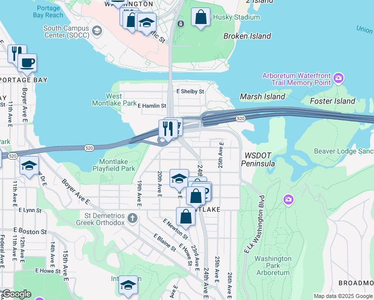 map of restaurants, bars, coffee shops, grocery stores, and more near 2251 East Roanoke Street in Seattle