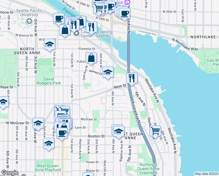map of restaurants, bars, coffee shops, grocery stores, and more near 350 Queen Anne Drive in Seattle