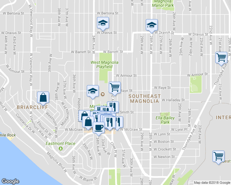 map of restaurants, bars, coffee shops, grocery stores, and more near 2539 32nd Avenue West in Seattle
