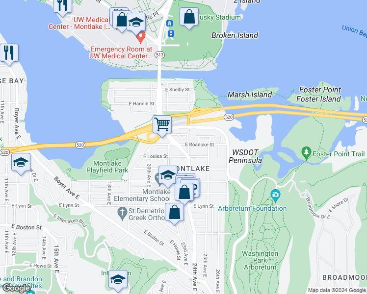 map of restaurants, bars, coffee shops, grocery stores, and more near 2251 East Roanoke Street in Seattle