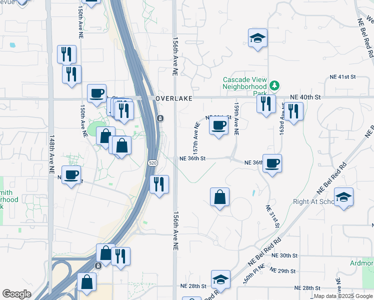 map of restaurants, bars, coffee shops, grocery stores, and more near 15660 Northeast 36th Street in Redmond