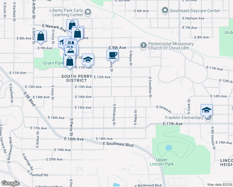 map of restaurants, bars, coffee shops, grocery stores, and more near 1815 E 14th Ave in Spokane