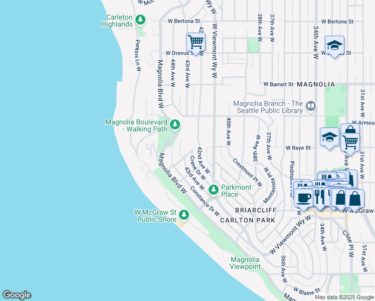 map of restaurants, bars, coffee shops, grocery stores, and more near 4246 West Montfort Place in Seattle