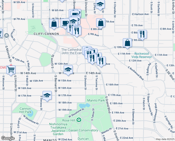 map of restaurants, bars, coffee shops, grocery stores, and more near 7 East 14th Avenue in Spokane