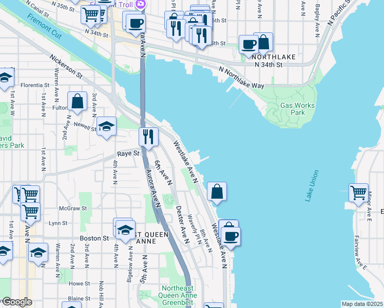 map of restaurants, bars, coffee shops, grocery stores, and more near 2520 Westlake Avenue North in Seattle