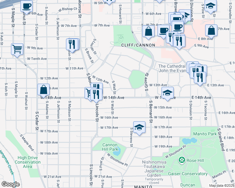 map of restaurants, bars, coffee shops, grocery stores, and more near 623 West 13th Avenue in Spokane