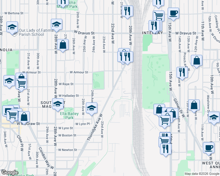 map of restaurants, bars, coffee shops, grocery stores, and more near 2603 B 22nd Avenue West in Seattle
