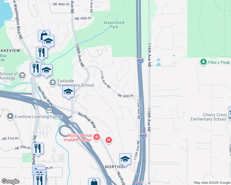 map of restaurants, bars, coffee shops, grocery stores, and more near 11398 Northeast 36th Place in Bellevue