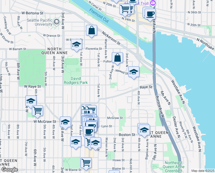 map of restaurants, bars, coffee shops, grocery stores, and more near 2556 Warren Avenue North in Seattle
