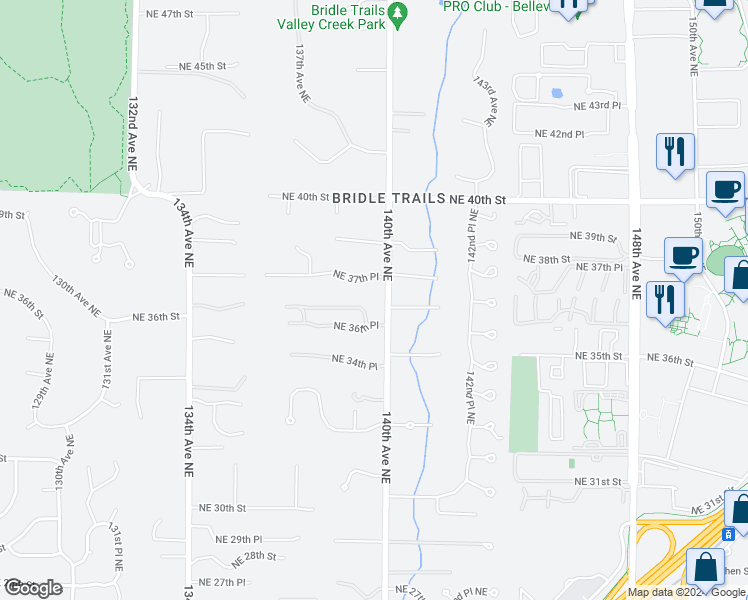 map of restaurants, bars, coffee shops, grocery stores, and more near 3627 140th Avenue Northeast in Bellevue
