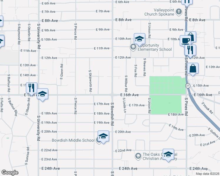 map of restaurants, bars, coffee shops, grocery stores, and more near 1515 South Bowdish Road in Spokane Valley
