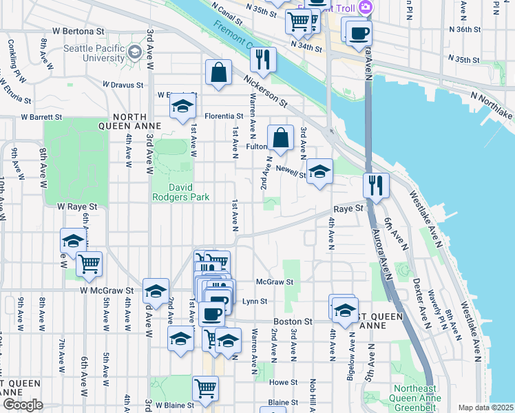 map of restaurants, bars, coffee shops, grocery stores, and more near 2600 2nd Avenue North in Seattle