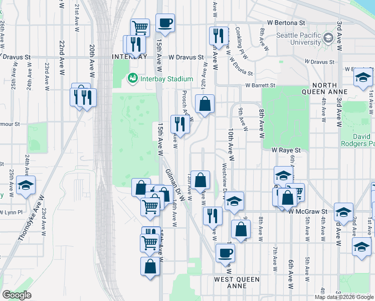 map of restaurants, bars, coffee shops, grocery stores, and more near 2602 14th Avenue West in Seattle