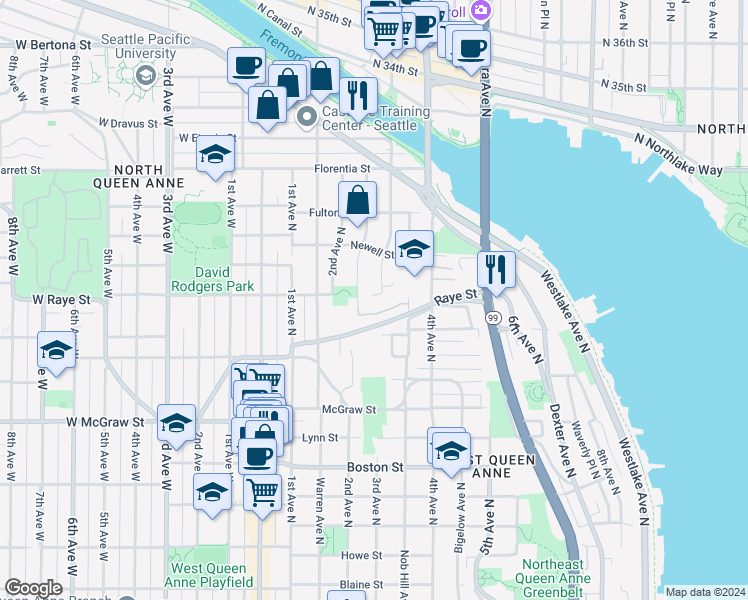 map of restaurants, bars, coffee shops, grocery stores, and more near 2527 3rd Avenue North in Seattle