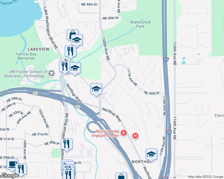 map of restaurants, bars, coffee shops, grocery stores, and more near 10819 Northeast 37th Place in Bellevue