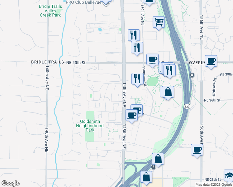 map of restaurants, bars, coffee shops, grocery stores, and more near 3615 147th Place Northeast in Bellevue