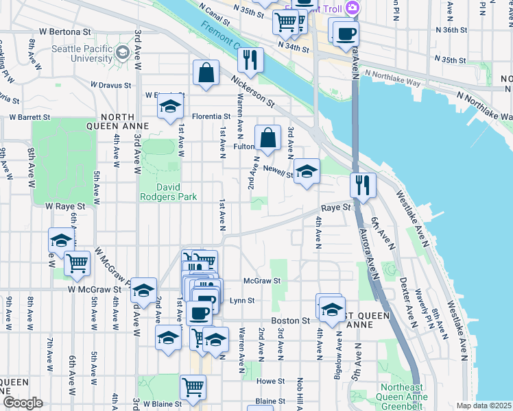 map of restaurants, bars, coffee shops, grocery stores, and more near 2600 2nd Avenue North in Seattle