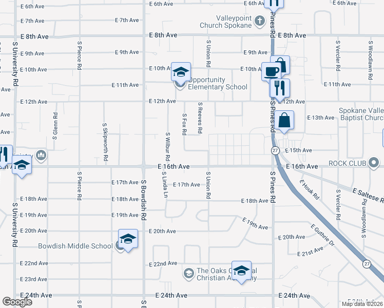 map of restaurants, bars, coffee shops, grocery stores, and more near 11722 East 15th Avenue in Spokane Valley